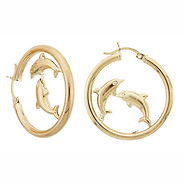 Two Dolphin 14K Yellow Gold Hoop Earrings