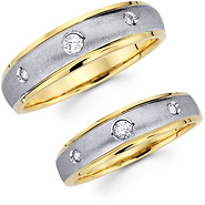 Three Stone 14K Two Tone Diamond Wedding Band Set