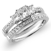 Three Stone 14K Bridal Engagement Wedding Ring Set (0.92 ctw)