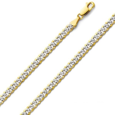 4mm White Pave Curb Cuban Link 14K Two Tone Gold Chain Necklace