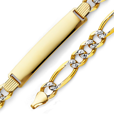 7mm Pave Figaro 14k Two Tone Gold ID Bracelet