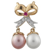 Two Tone CZ Ribbon Pearl Pendant