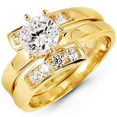 14k Yellow Gold Three Row Round CZ Wedding Ring Set