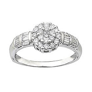 Floral 14K White Gold Round Cut & Side Baguette Diamond Ring