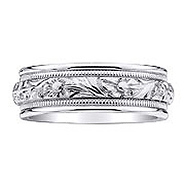 18K Carved Floral Pattern Milgrain 8mm Wedding Band