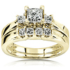 3 Stone Princess Cut 14K Yellow Gold Wedding Ring Set