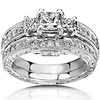14K White Gold 3 Stone Engraved Edge Bridal Ring Set