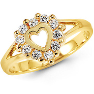 Round CZ 14K Yellow Gold Heart Ring