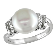 0.05 CT Diamond TW 9 - 9.5 MM Freshwater Pearl Fashion Ring Silver GHI I2;I3