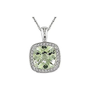 10k White Gold Cushion Cut Green Amethyst & .10 ctw Diamond Pendant