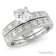 Sterling Silver 2.10 ctw CZ Engagement Ring Set