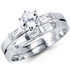 Round & Baguette 14k White Gold CZ Engagement Ring Set