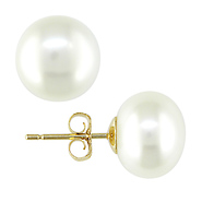 10-10.5mm White Freshwater Button Pearl Stud 14K Gold Earrings