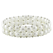 7-1/2' 6.5-7mm White Cultured Button Pearls W/ Silver 2mm beads Elastic Bracelet