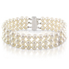 Sterling Silver 3-Strand FreshWater White Pearl Bracelet w/ Pave Tube Bars & Clasp