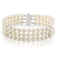 Sterling Silver 3-Strand FreshWater White Pearl Bracelet w/ Pave Tube Bars & Clasp