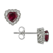 Heart Shape Created Ruby & Diamond 10K White Gold Stud Earrings