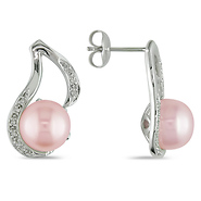 0.06 CT Diamond TW 9 - 9.5 MM Freshwater Pearl Ear Pin Silver Earrings GHI I3