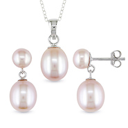 Set of Sterling Silver Rice Pink Button Pearl Earrings & Pendant