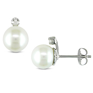 Diamond Silver 8-8.5mm White Freshwater Cultured Pearl Stud Earrings