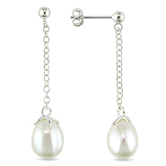 Silver 8-9mm FW Keshi White Pearl Dangling Earrings