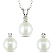 Sterling Silver Set .1 ctw Cultured Pearl Earrings & Pendant