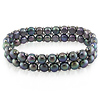 7' Double-row 6-7mm  FW  Black Button Pearl Elastic Bracelet w/brass metal beads