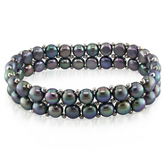 7' Double-row 6-7mm  FW  Black Button Pearl Elastic Bracelet w/brass metal beads