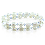 8-9mm White Freshwater Pearl with 4mm Bicone Swarovski Lavender Crystals Elastic Bracelet
