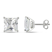 Sterling Silver 9mm Square Cubic Zirconia Solitaire 4-Prong set Earrings