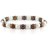 7in Single-Row Freshwater 6-7mm Brown & White Pearl Elastic Bracelet w/ Silver Beads