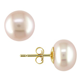 10K Gold 9-10mm Freshwater Button Pink Pearl Stud Earrings