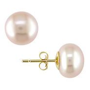 10K Gold 9-10mm Freshwater Button Pink Pearl Stud Earrings