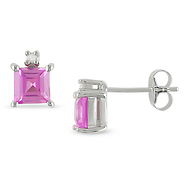 Sterling Silver 0.02 CTW Diamond & 1.10 CT TGW Synthetic Pink Sapphire Ear Pin Earrings