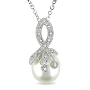 0.04 CTW Diamond 10 - 10.5 MM White Freshwater Pearl Fashion Pendant with Chain Silver