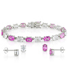 3 pc Set of Silver 25ct TGW 7x5mm Oval Synthetic Pink Sapphire & White Topaz Stud Earrings & 7in Bracelet