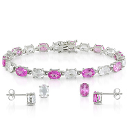 3 pc Set of Silver 25ct TGW 7x5mm Oval Synthetic Pink Sapphire & White Topaz Stud Earrings & 7in Bracelet