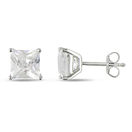 Sterling Silver 4-5/8ct TGW 7mm Square Cubic Zirconia Solitaire Earrings 4-Prong set with butterfly backs