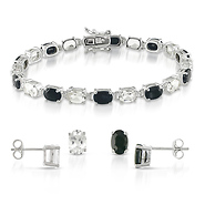 3 pc Set of Silver 25ct TGW 7x5mm Oval Black Sapphire & White Topaz Stud Earrings & 7in Bracelet