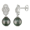 Fancy Silver Diamond 9-9.5mm Black Tahitian Pearl Drop Earrings