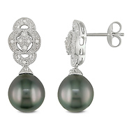 Fancy Silver Diamond 9-9.5mm Black Tahitian Pearl Drop Earrings
