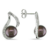 0.06 CTW Diamond 9 - 9.5 MM Black Freshwater Pearl Ear Pin Earrings Sterling Silver