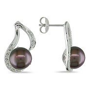 Diamond Accented Silver Large Freshwater Black Pearl Drop Earrings