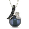 0.05 CTW Black & White Diamond 8 - 8.5 MM Black Licorice Freshwater Pearl Fashion Pendant with Chain Silver