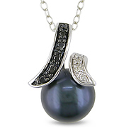 0.05 CTW Black & White Diamond 8 - 8.5 MM Black Licorice Freshwater Pearl Fashion Pendant with Chain Silver