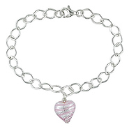 7.5in Link Bracelet w\ Pink Stripe Murano Glass Heart, lobster clasp