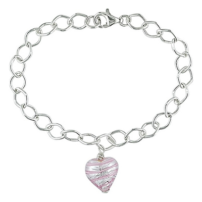 7.5in Link Bracelet w\ Pink Stripe Murano Glass Heart, lobster clasp