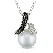 0.05 CTW Black & White Diamond 8 - 8.5 MM Grey Freshwater Pearl Fashion Pendant with Chain Silver Black Rhodium Plated