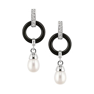 Silver Earrings w/ Freshwater Rice Pearls, CZs & Circle Black Onyx