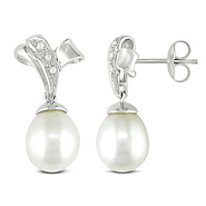 0.04 CTW Diamond 9.5 - 10 MM White Freshwater Pearl Ear Pin Earrings Silver